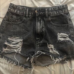 Distressed Black Denim Shorts